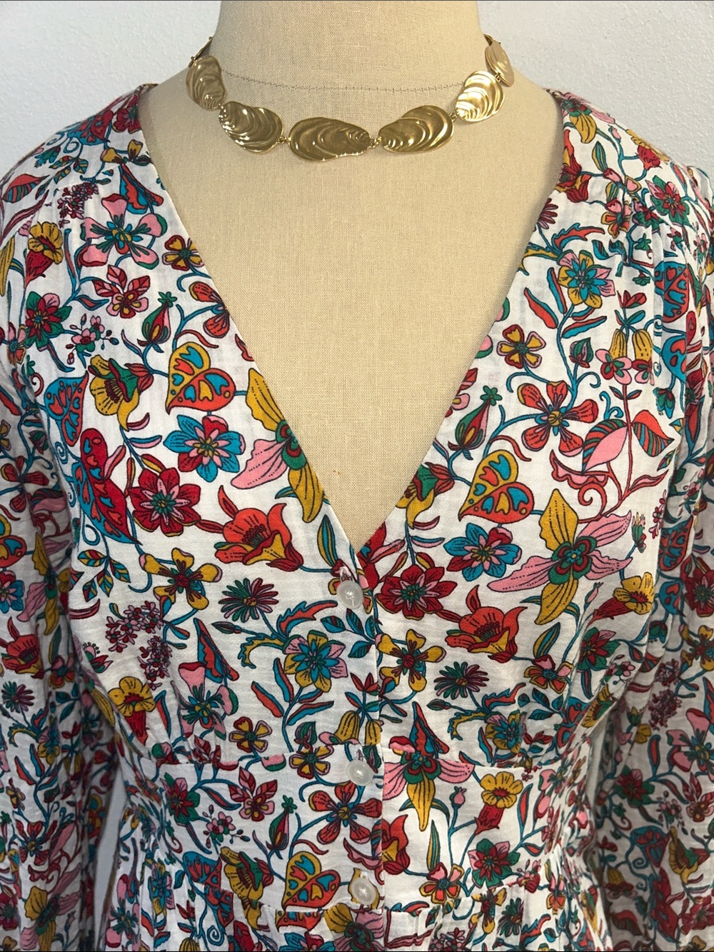 Boden White Multi Floral V‑Neck Long Sleeve Maxi Dress size 6